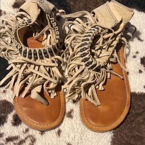 Fringed Suede Sandals in Tan and Cream - Women's Boho Style